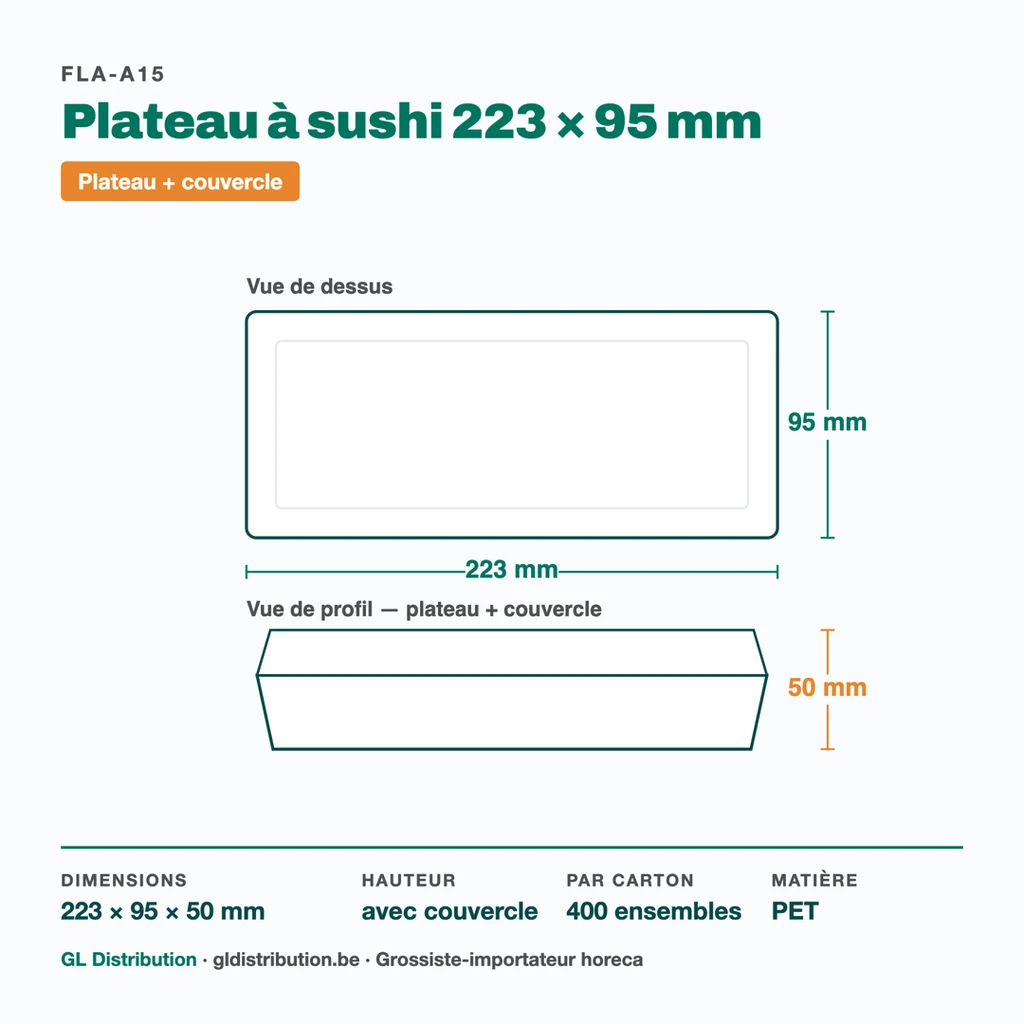 Dimensions du plateau à sushi 223 × 95 mm, hauteur 50 mm avec couvercle — 400 ensembles par carton