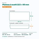 Dimensions du plateau à sushi 223 × 95 mm, hauteur 50 mm avec couvercle — 400 ensembles par carton