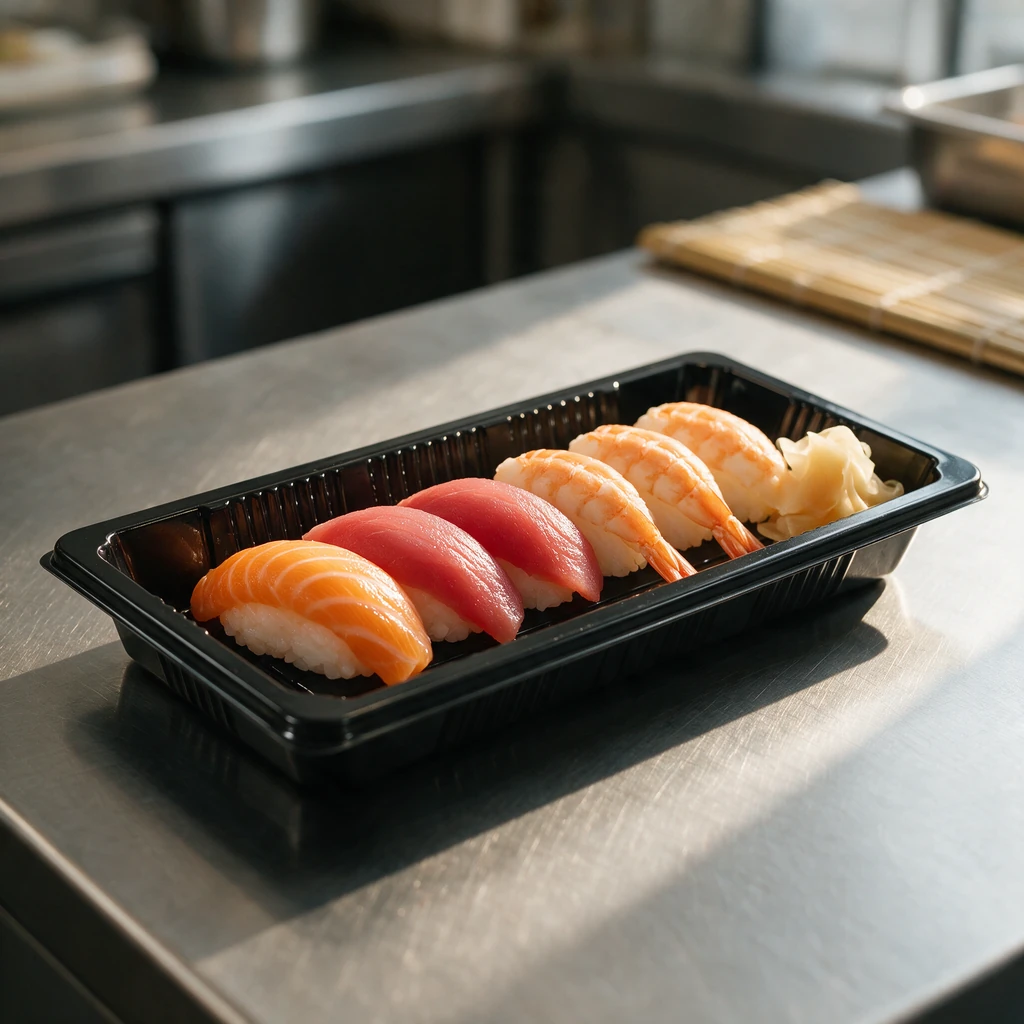 Plateau à sushi 223 × 95 mm en PET noir garni d'une rangée de nigiris saumon et thon, en cuisine japonaise