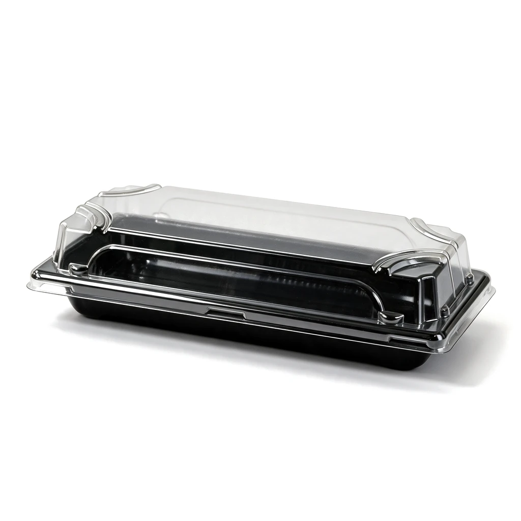 Plateau à sushi 223 × 95 mm fermé par son couvercle transparent, vendu en set complet