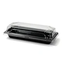 Plateau à sushi 223 × 95 mm fermé par son couvercle transparent, vendu en set complet