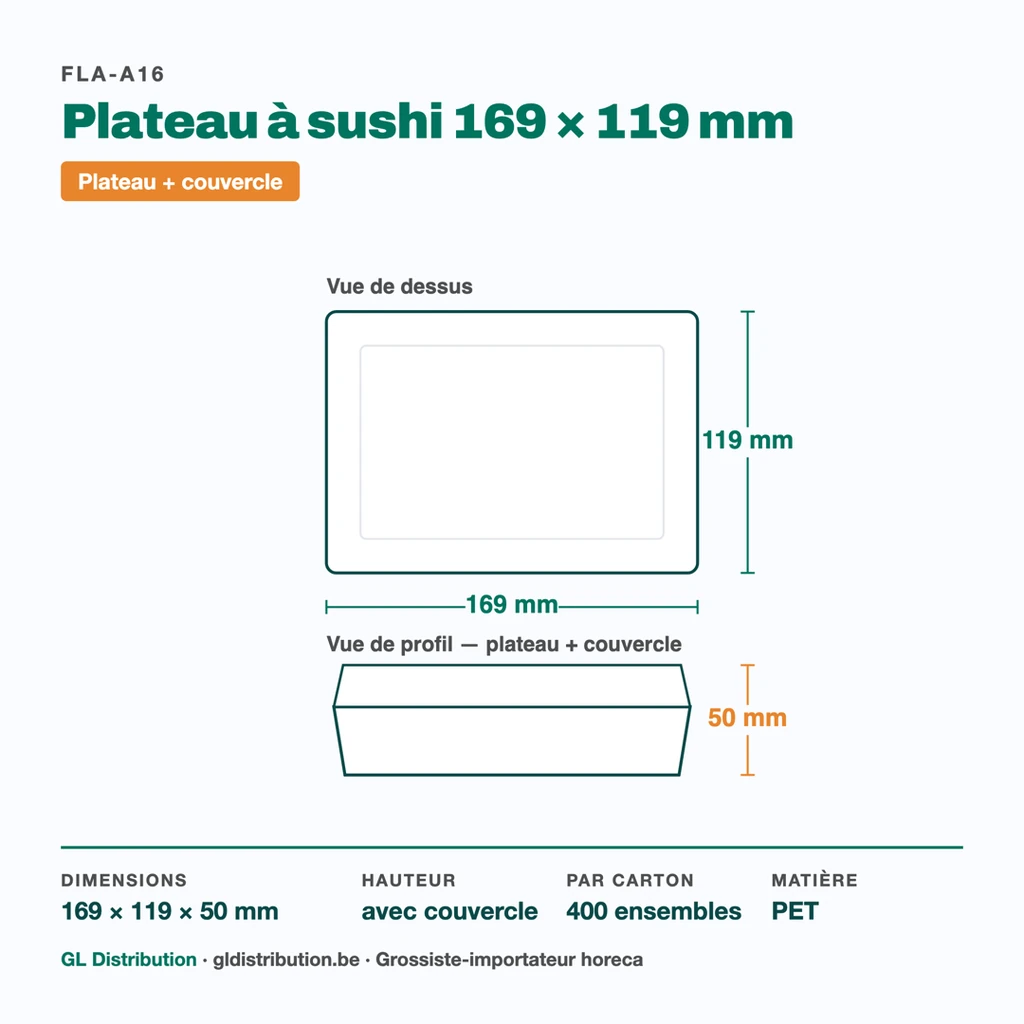 Dimensions du plateau à sushi 169 × 119 mm, hauteur 50 mm avec couvercle — 400 ensembles par carton