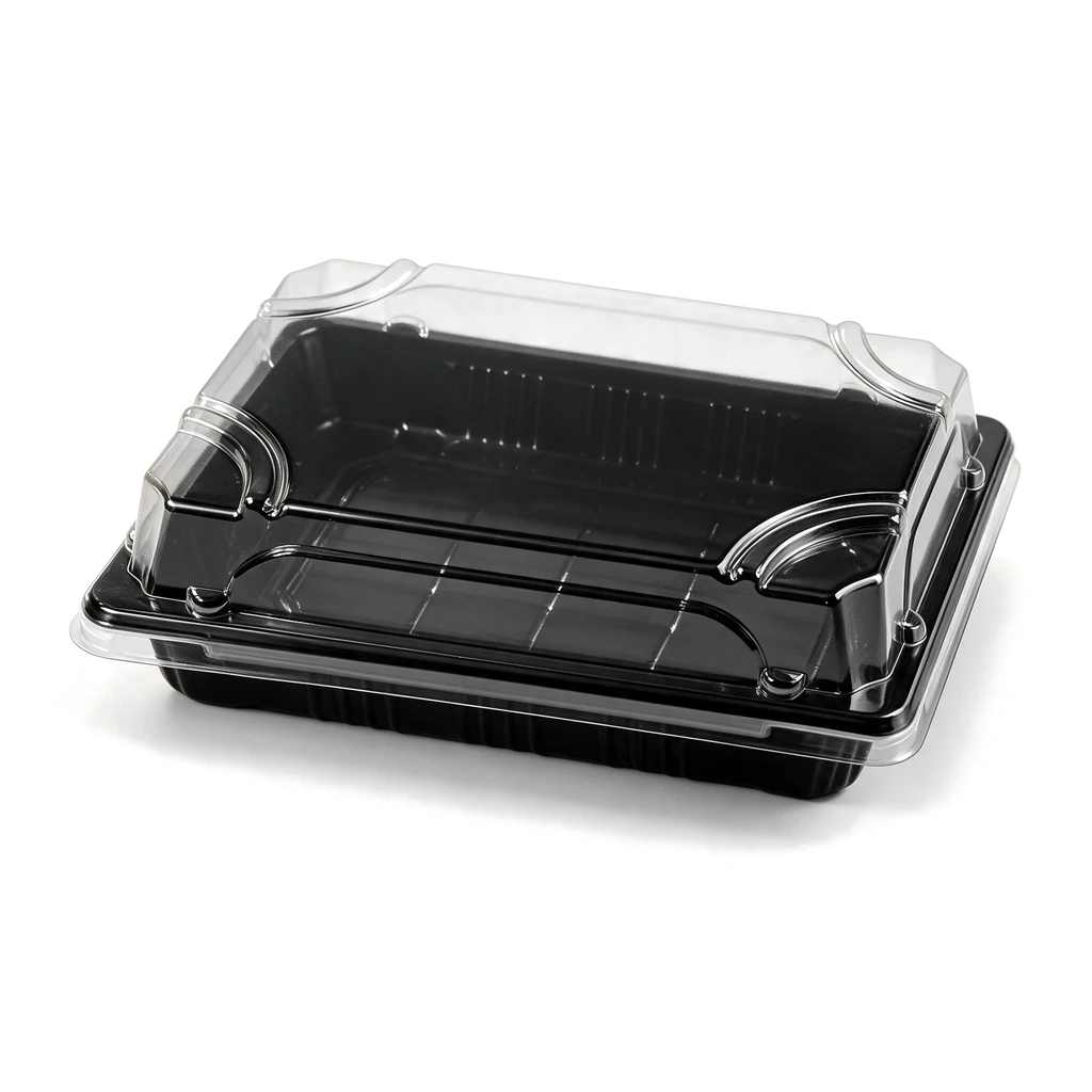 Plateau à sushi 169 × 119 mm fermé par son couvercle transparent, vendu en set complet