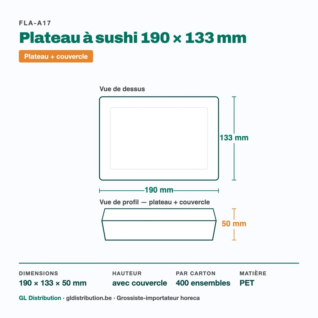 Dimensions du plateau à sushi 190 × 133 mm, hauteur 50 mm avec couvercle — 400 ensembles par carton