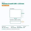 Dimensions du plateau à sushi 190 × 133 mm, hauteur 50 mm avec couvercle — 400 ensembles par carton