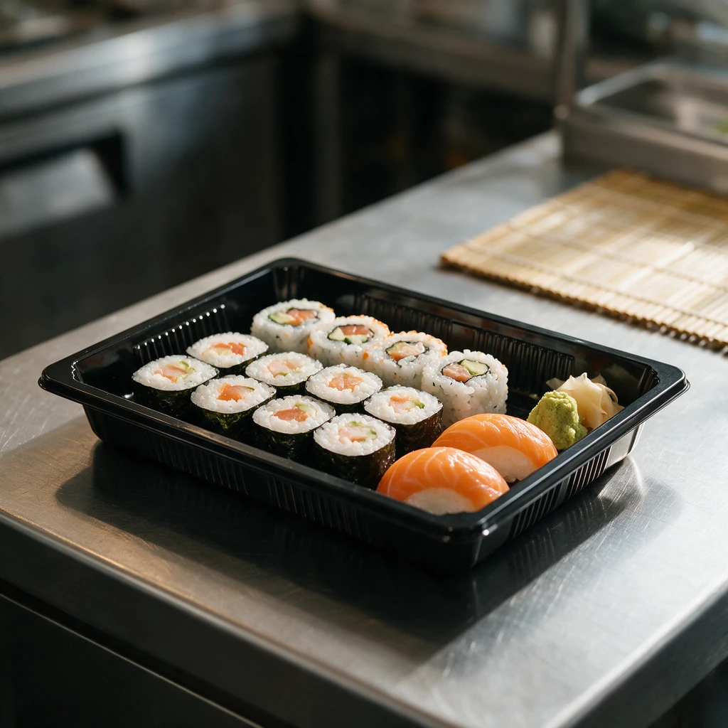 Plateau à sushi 190 × 133 mm en PET noir garni de makis et de california rolls, en cuisine japonaise