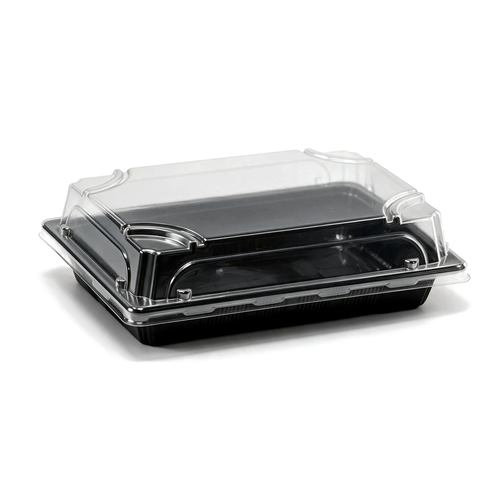 Plateau à sushi 190 × 133 mm fermé par son couvercle transparent, vendu en set complet