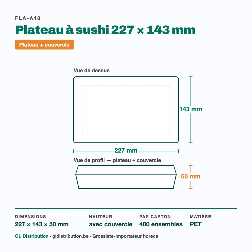 Dimensions du plateau à sushi 227 × 143 mm, hauteur 50 mm avec couvercle — 400 ensembles par carton