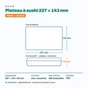 Dimensions du plateau à sushi 227 × 143 mm, hauteur 50 mm avec couvercle — 400 ensembles par carton