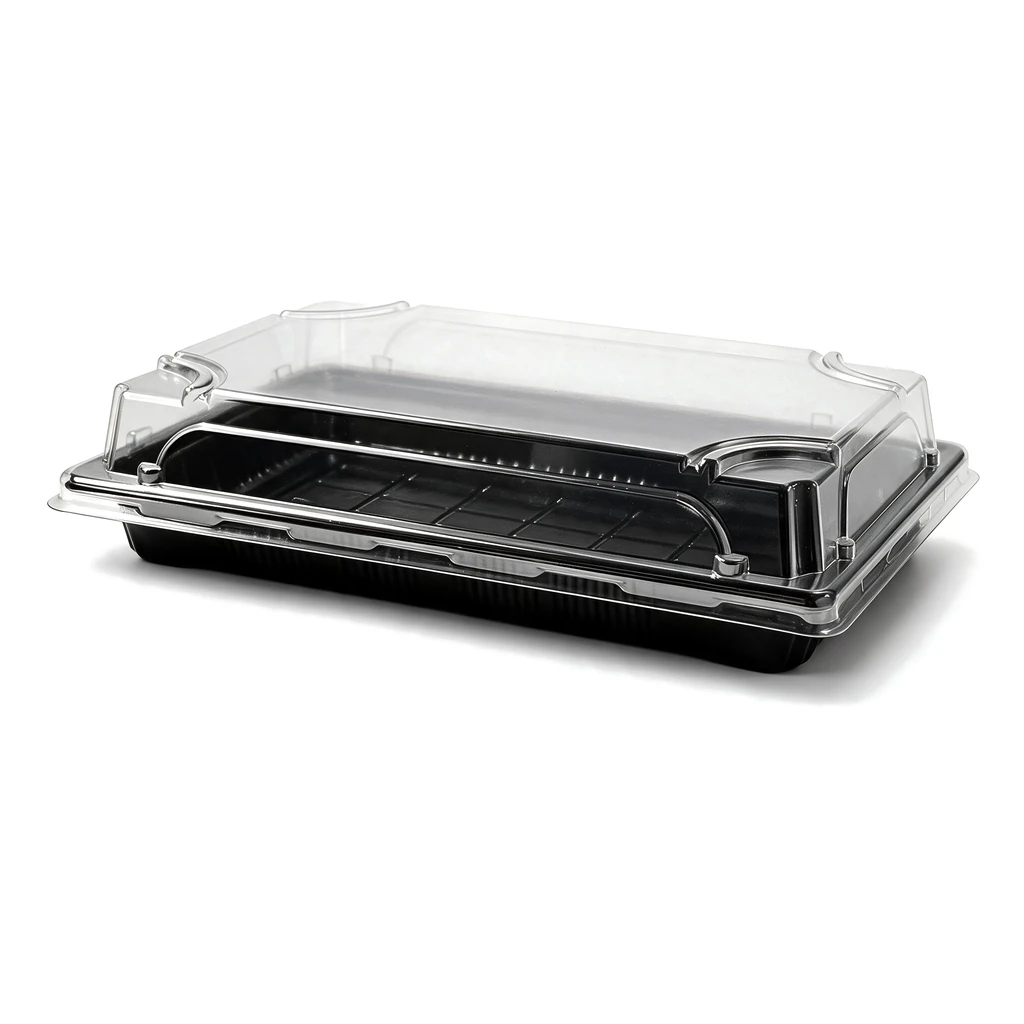 Plateau à sushi 227 × 143 mm fermé par son couvercle transparent, vendu en set complet