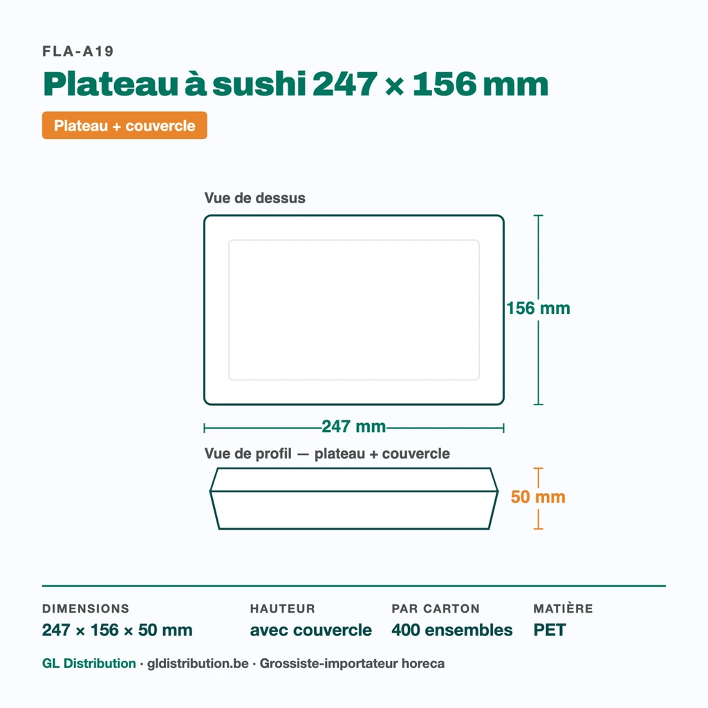 Dimensions du plateau à sushi 247 × 156 mm, hauteur 50 mm avec couvercle — 400 ensembles par carton