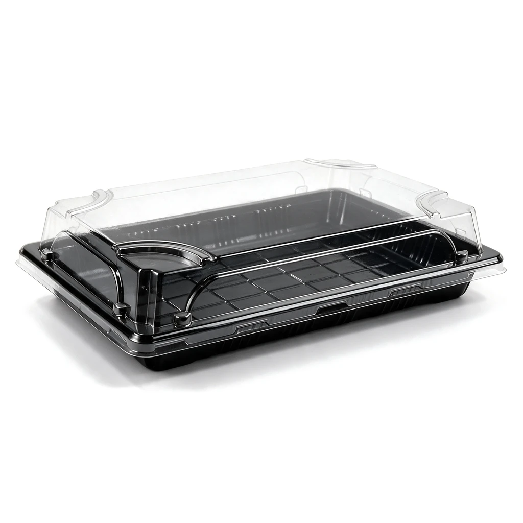 Plateau à sushi 247 × 156 mm fermé par son couvercle transparent, vendu en set complet