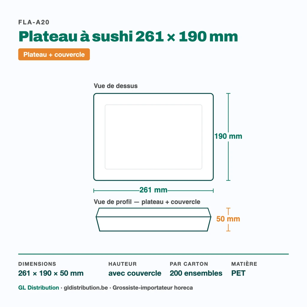 Dimensions du plateau à sushi 261 × 190 mm, hauteur 50 mm avec couvercle — 200 ensembles par carton
