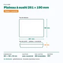 Dimensions du plateau à sushi 261 × 190 mm, hauteur 50 mm avec couvercle — 200 ensembles par carton
