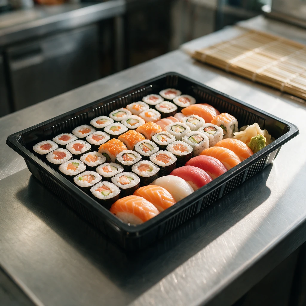 Plateau à sushi 261 × 190 mm en PET noir garni d'un plateau familial de sushis, en cuisine japonaise