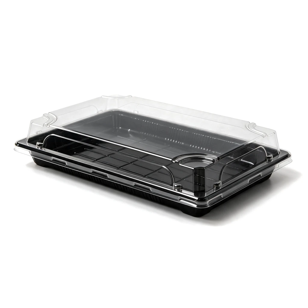 Plateau à sushi 261 × 190 mm fermé par son couvercle transparent, vendu en set complet