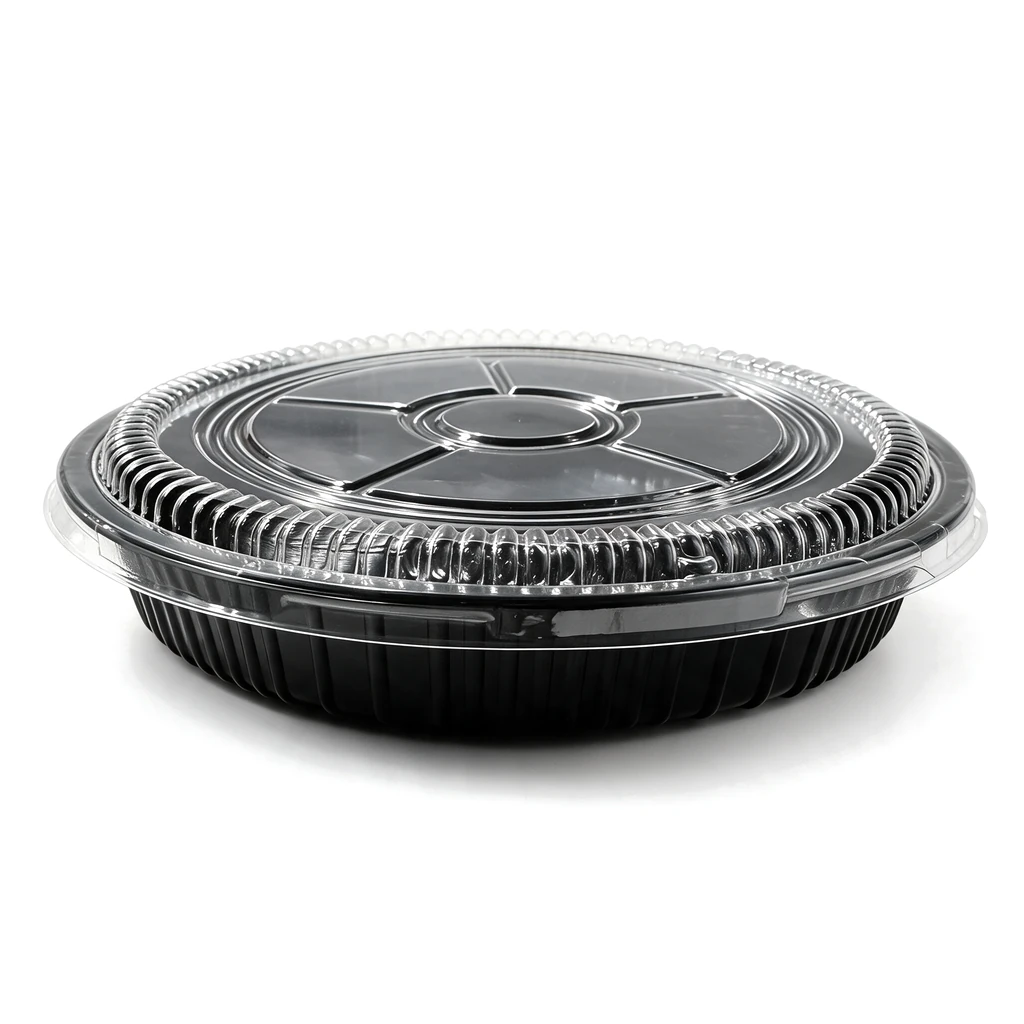 Plateau à sushi rond Ø 280 mm fermé par son couvercle transparent, vendu en set complet