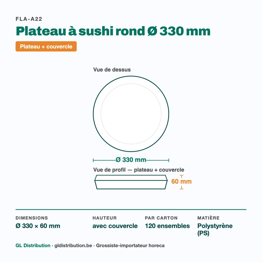 Dimensions du plateau à sushi rond Ø 330 mm, hauteur 60 mm avec couvercle — 120 ensembles par carton