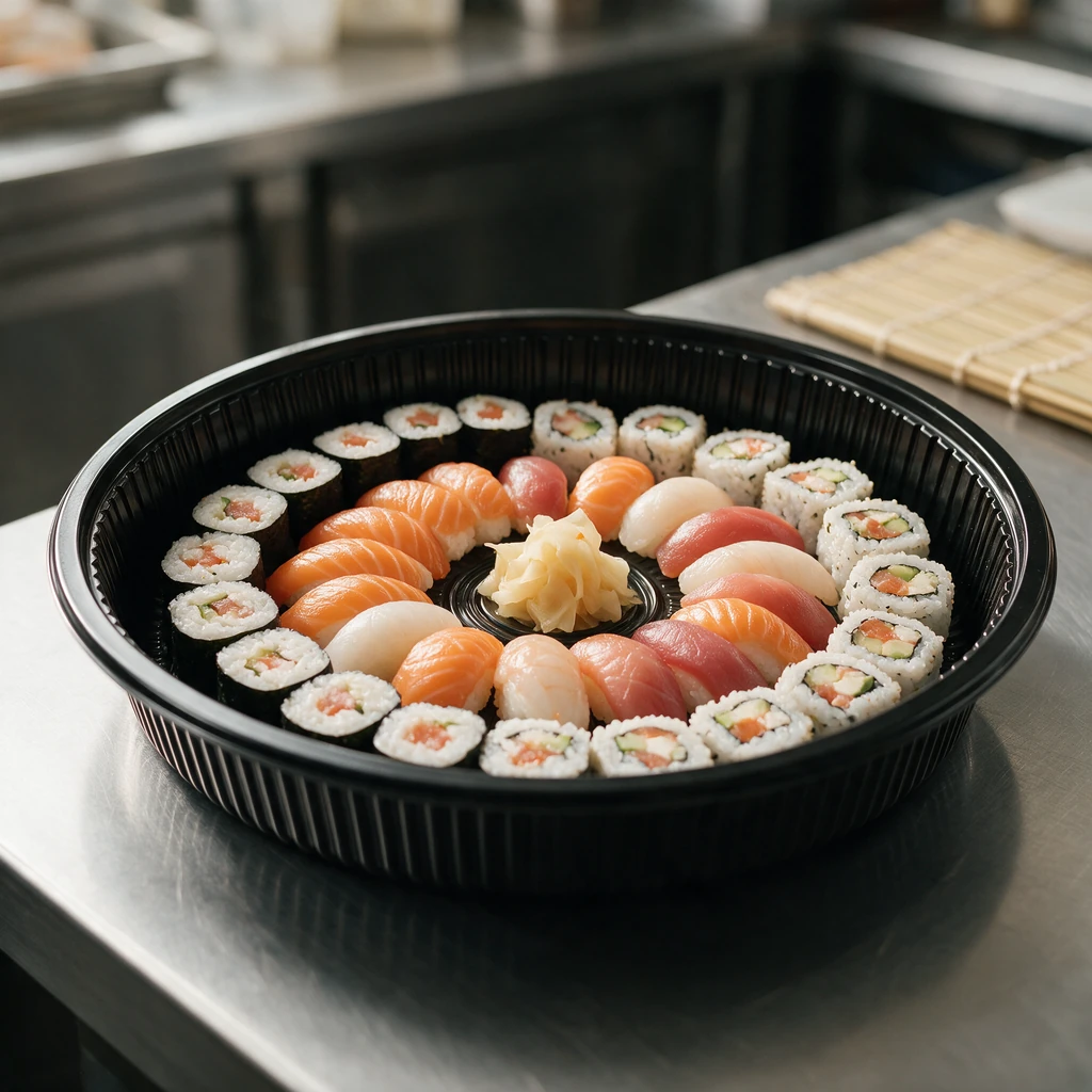 Plateau à sushi rond Ø 330 mm en polystyrène noir garni de sushis en cercles concentriques, en cuisine japonaise