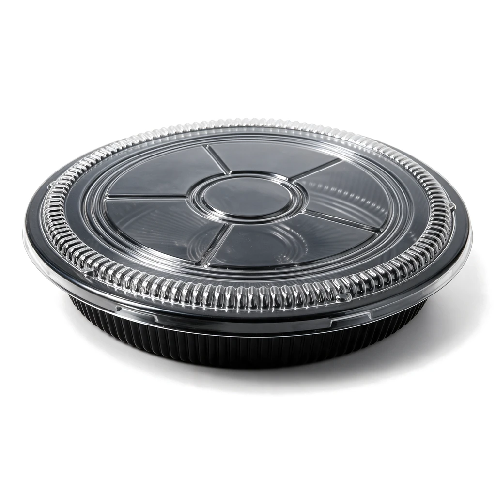 Plateau à sushi rond Ø 330 mm fermé par son couvercle transparent, vendu en set complet