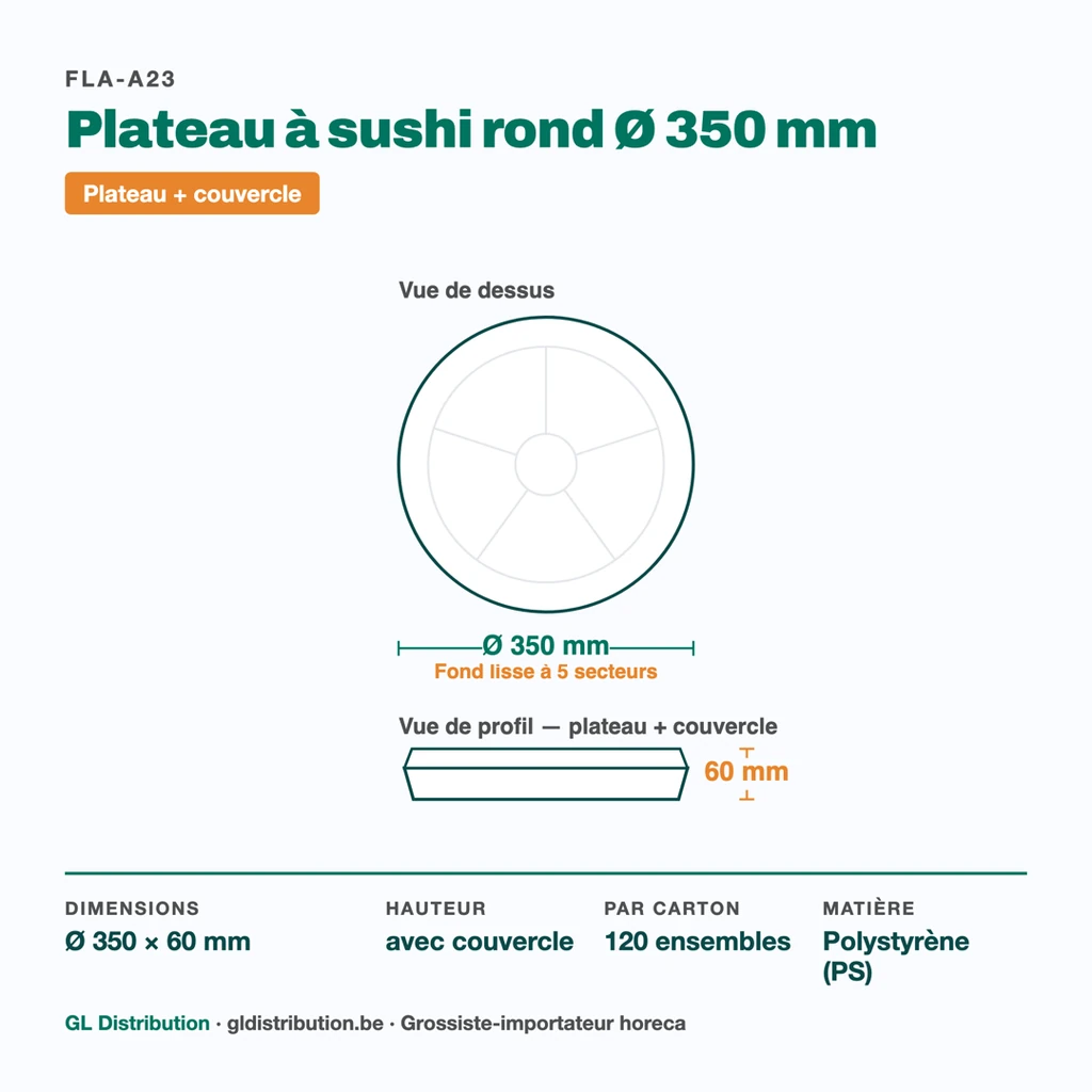 Dimensions du plateau à sushi rond Ø 350 mm à fond lisse 5 secteurs, hauteur 60 mm avec couvercle — 120 ensembles par carton