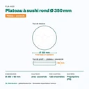 Dimensions du plateau à sushi rond Ø 350 mm à fond lisse 5 secteurs, hauteur 60 mm avec couvercle — 120 ensembles par carton