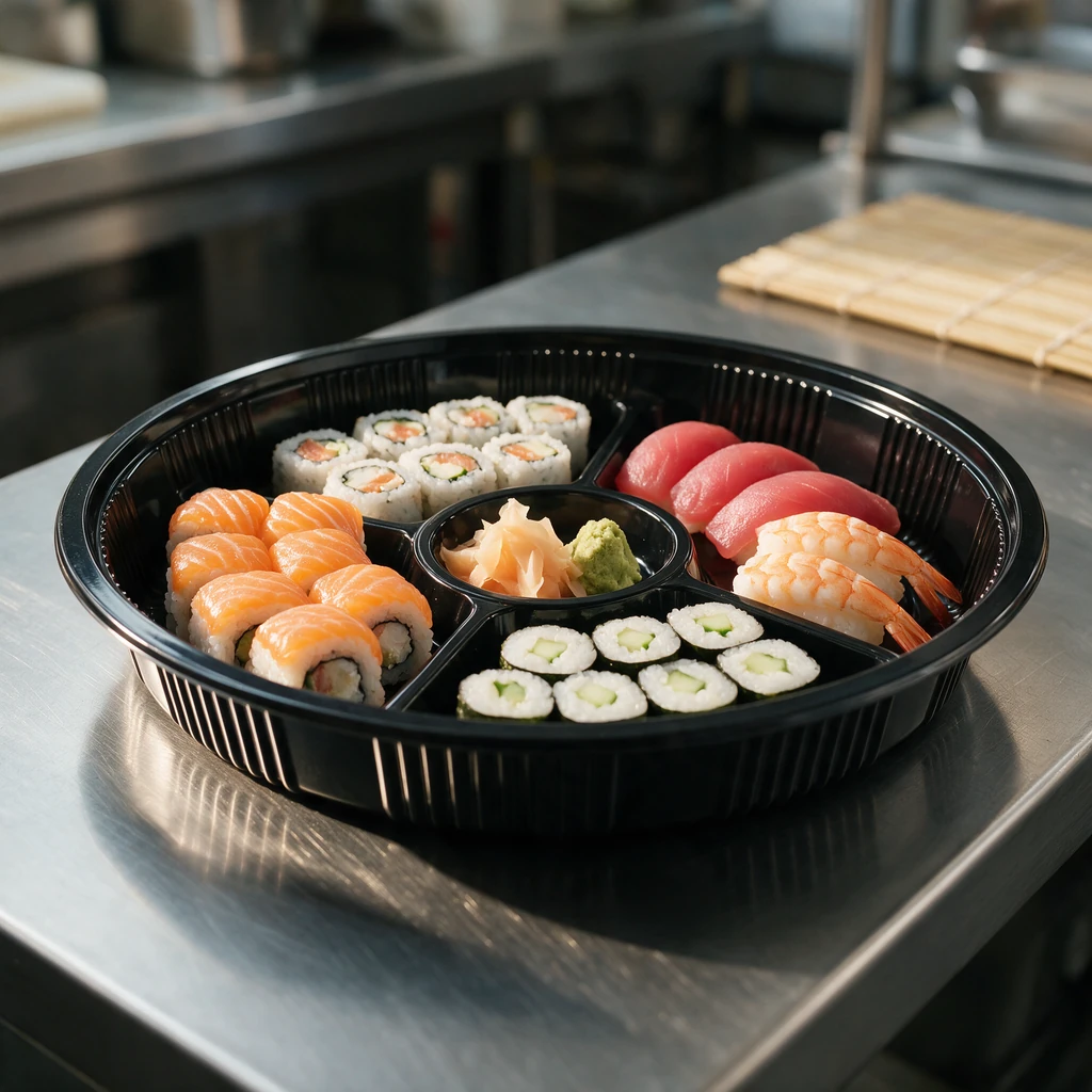 Plateau à sushi rond Ø 350 mm en polystyrène noir dont chaque secteur reçoit une variété de sushis, en cuisine japonaise