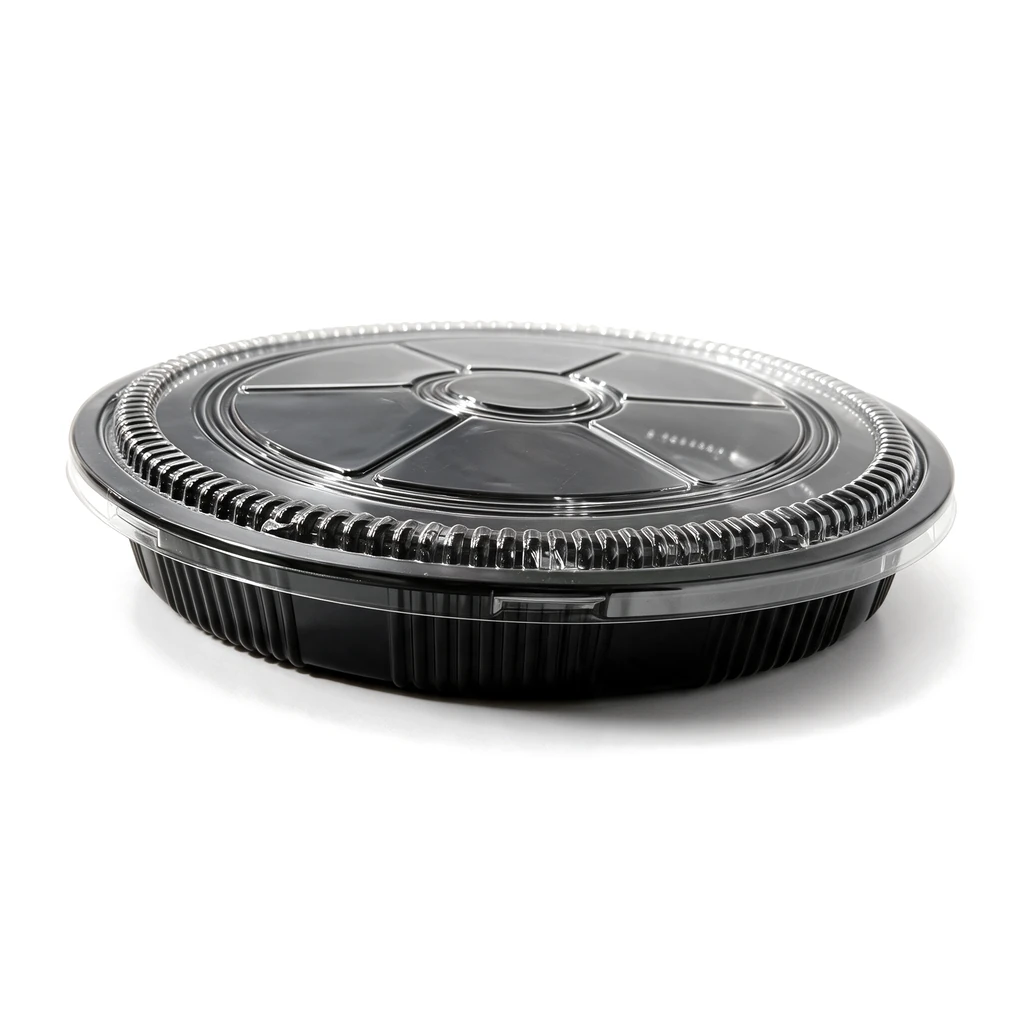 Plateau à sushi rond Ø 350 mm fermé par son couvercle transparent, vendu en set complet
