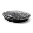 Plateau à sushi rond Ø 350 mm fermé par son couvercle transparent, vendu en set complet