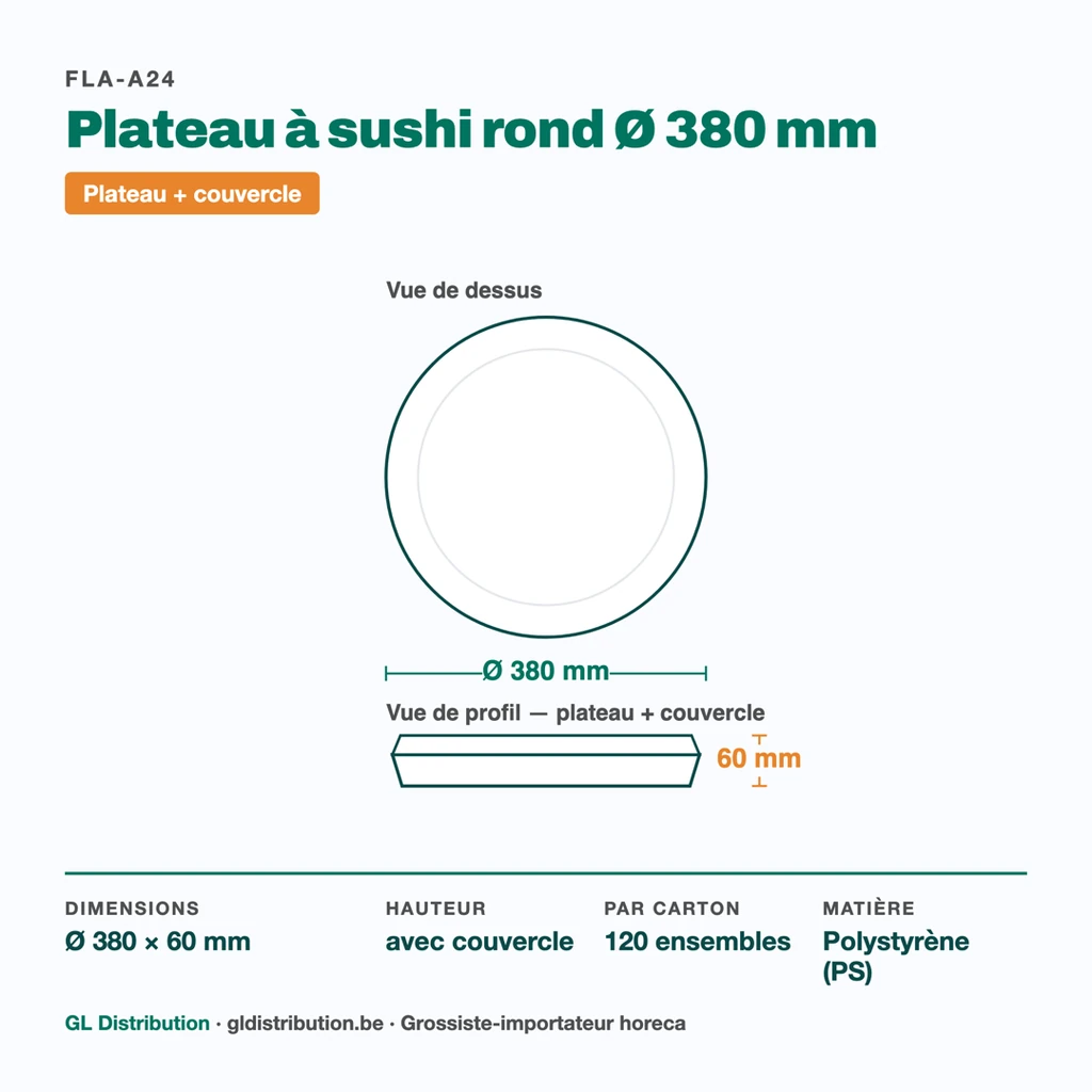 Dimensions du plateau à sushi rond Ø 380 mm, hauteur 60 mm avec couvercle — 120 ensembles par carton