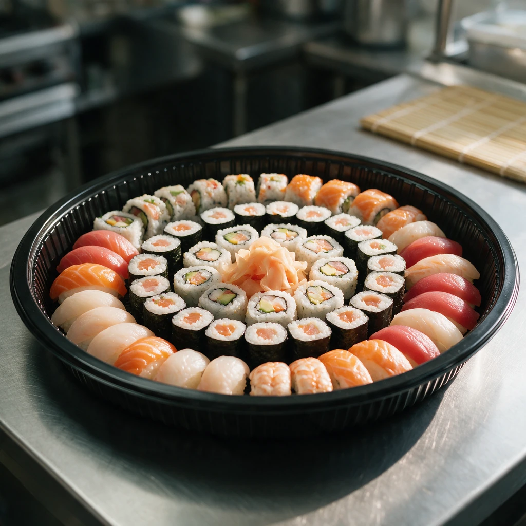 Plateau à sushi rond Ø 380 mm en polystyrène noir garni d'un grand assortiment de buffet, en cuisine japonaise