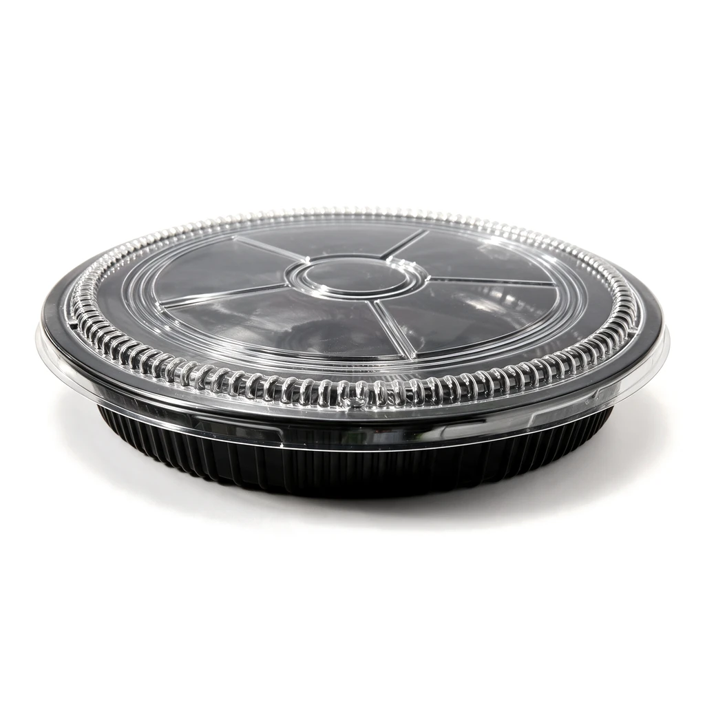 Plateau à sushi rond Ø 380 mm fermé par son couvercle transparent, vendu en set complet