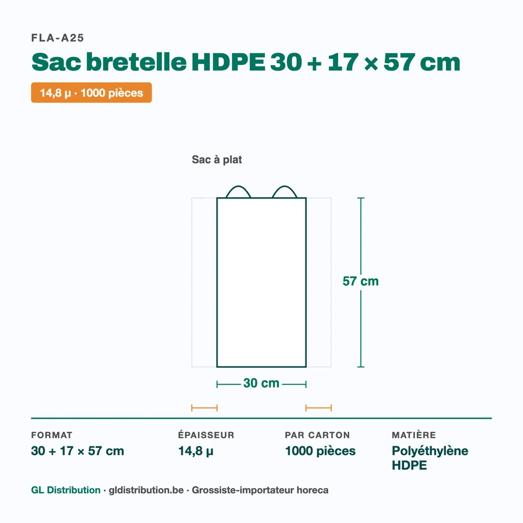 Dimensions du sac bretelle HDPE 30 + 17 × 57 cm — épaisseur 14,8 µ, 1000 pièces par carton