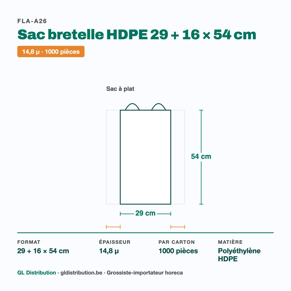 Dimensions du sac bretelle HDPE 29 + 16 × 54 cm — épaisseur 14,8 µ, 1000 pièces par carton