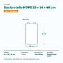 Dimensions du sac bretelle HDPE 28 + 14 × 48 cm — épaisseur 14,8 µ, 1000 pièces par carton