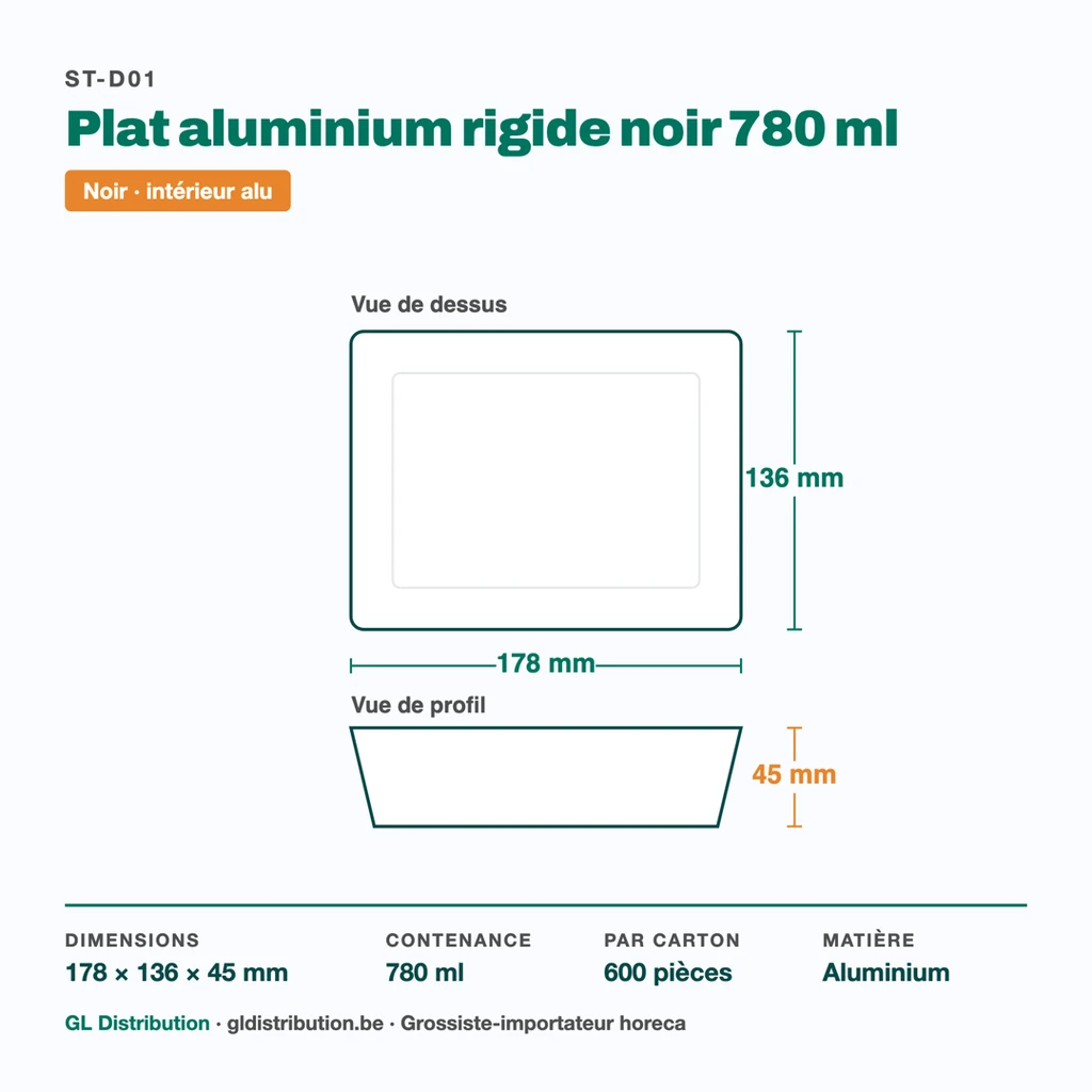 Dimensions du plat aluminium 780 ml : 178 × 136 × 45 mm — 600 pièces par carton