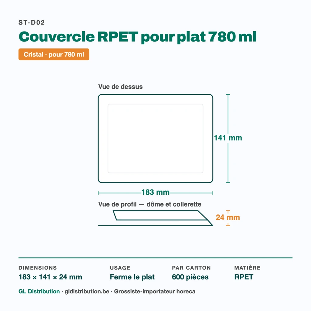 Dimensions du couvercle transparent pour plat 780 ml : 183 × 141 × 24 mm — 600 pièces
