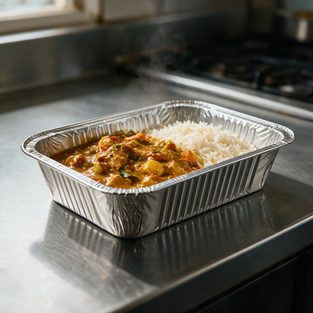 Barquette aluminium 825 ml garnie d'un curry et de riz sur un plan de travail de cuisine