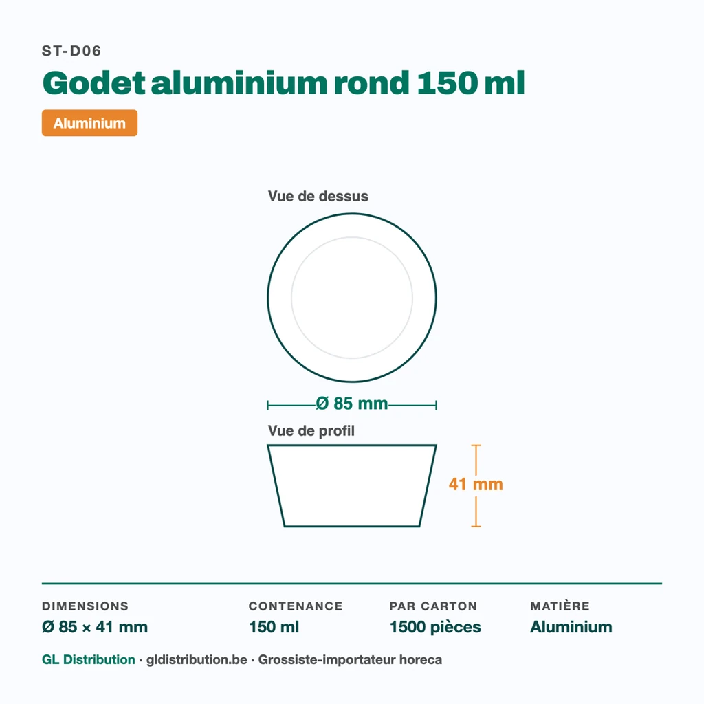 Dimensions du godet aluminium 150 ml : Ø 85 × 41 mm — 1500 pièces par carton
