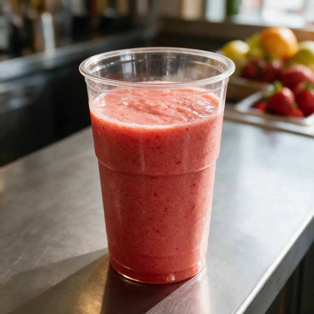 Gobelet PET cristal 40 cl rempli d'un smoothie fraise sur un comptoir de bar à jus