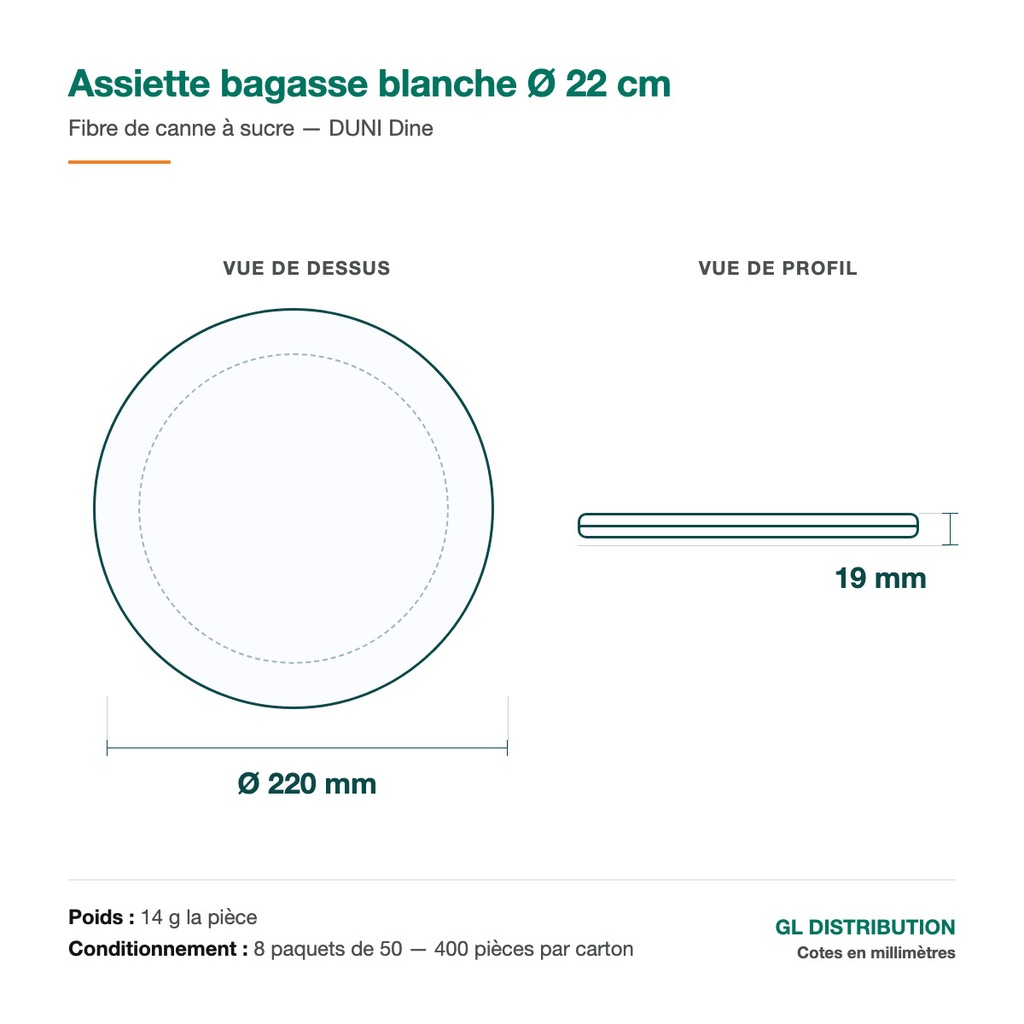 Assiette bagasse Ø 22 cm : schéma de cotes, diamètre 220 mm et hauteur 19 mm