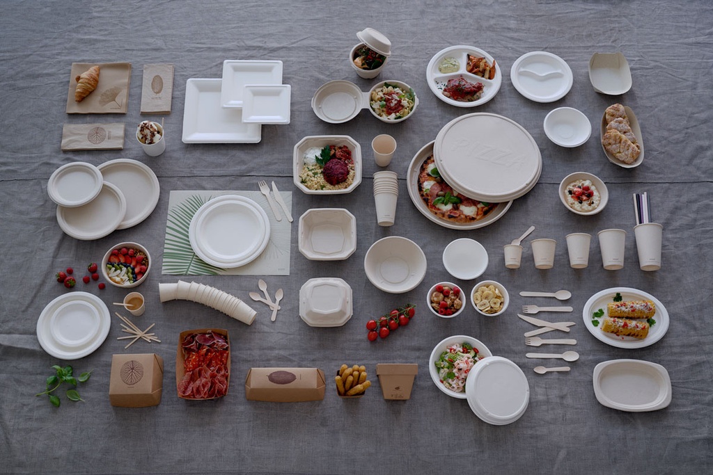 Assiettes jetables en fibre de canne à sucre dressées en service traiteur et take-away