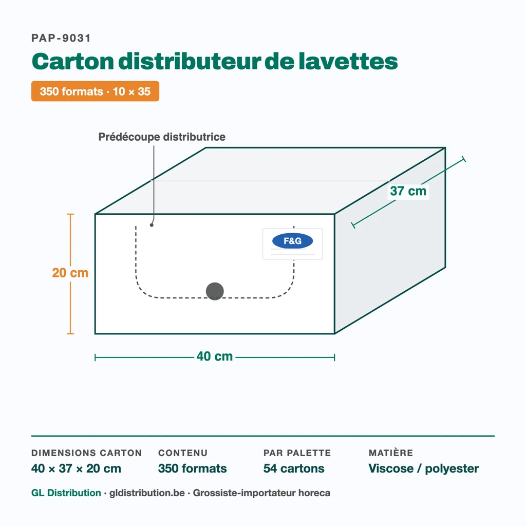 Dimensions du carton distributeur de lavettes non tissées bleues : 40 × 37 × 20 cm, 350 formats, 54 cartons par palette