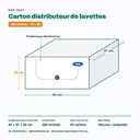 Dimensions du carton distributeur de lavettes non tissées bleues : 40 × 37 × 20 cm, 350 formats, 54 cartons par palette