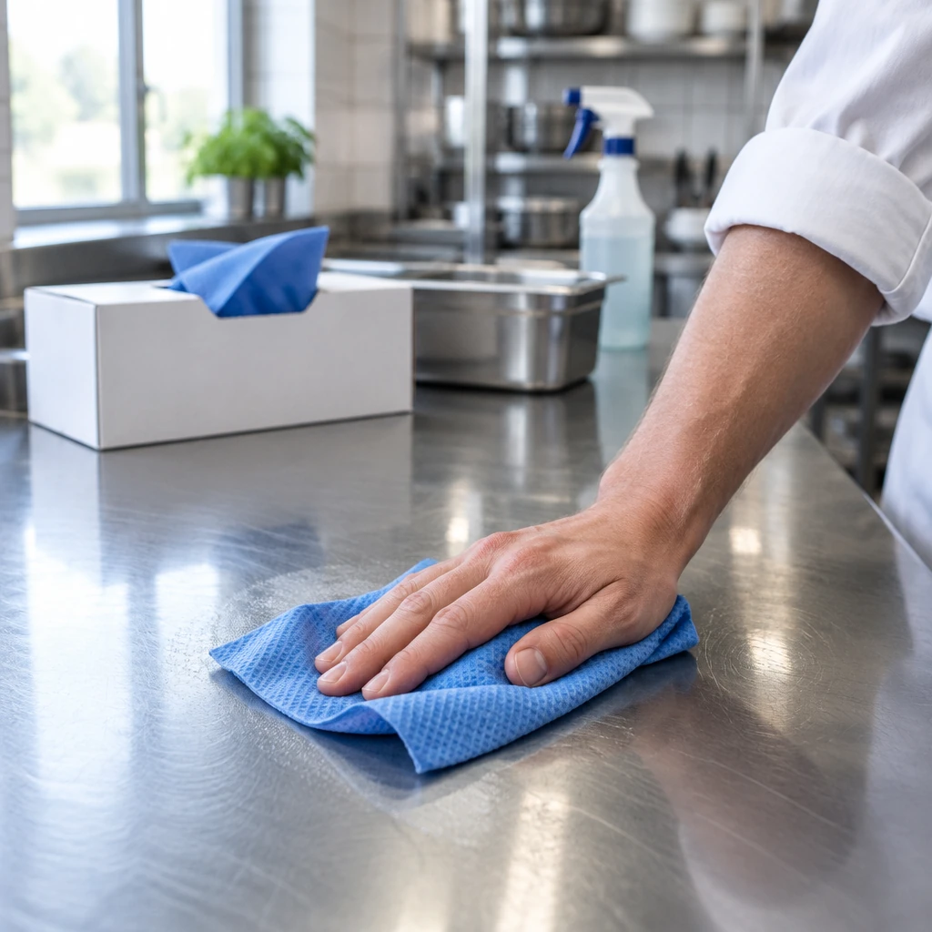 Lavette non tissée bleue utilisée pour essuyer un plan de travail inox en cuisine professionnelle