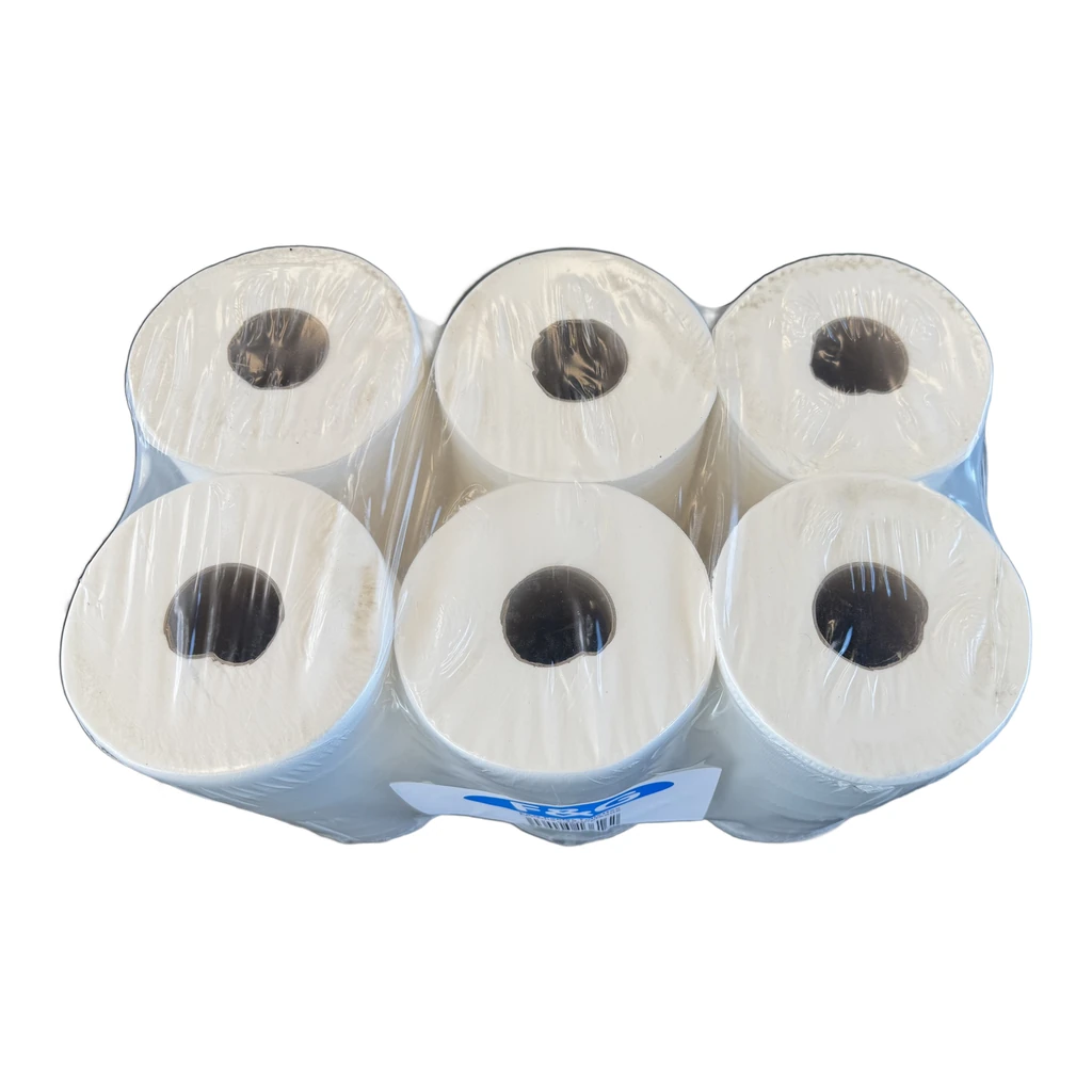 Paquet de 6 rouleaux de papier toilette Maxi Jumbo vu de dessus, mandrin retirable visible