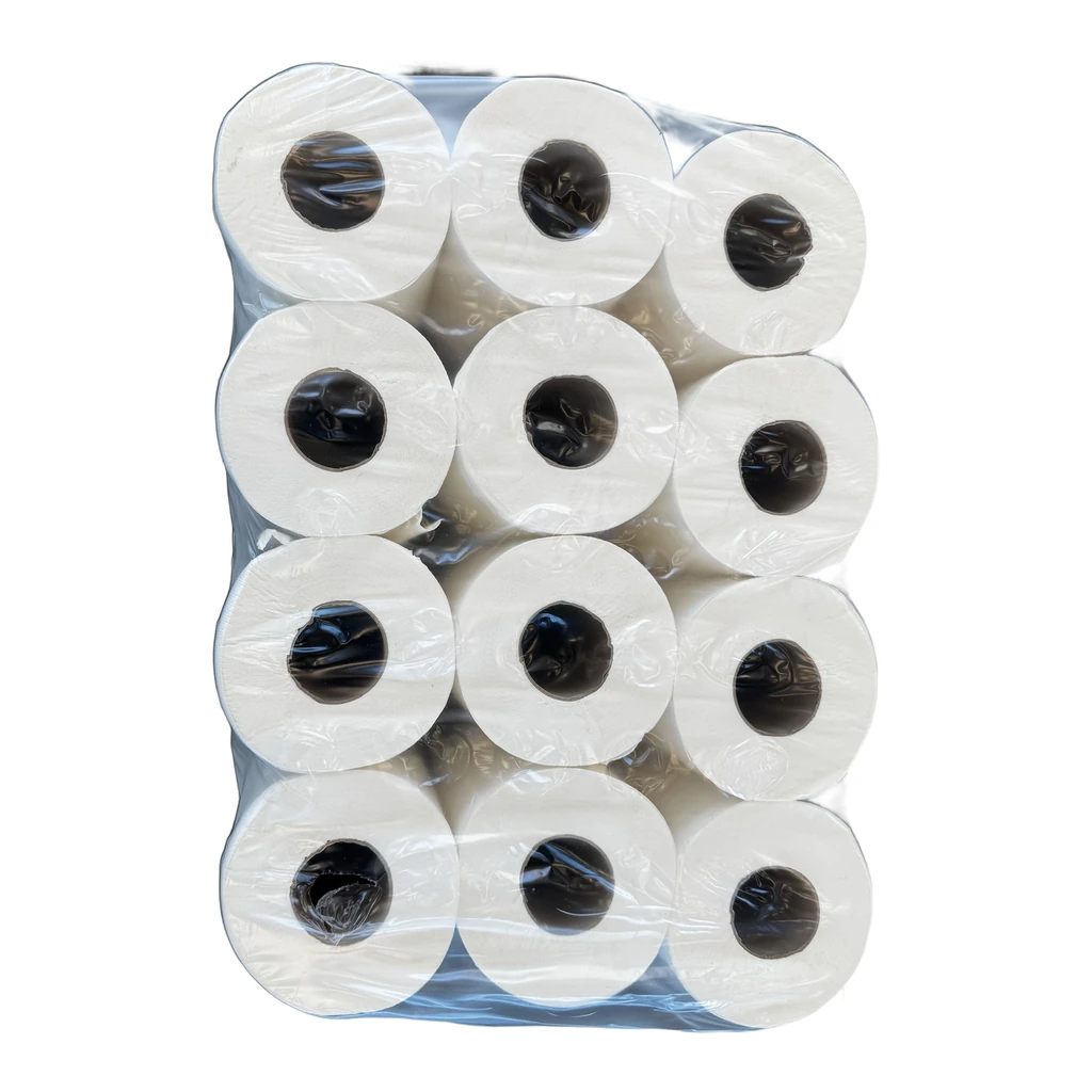 Paquet de 12 rouleaux de papier toilette Mini Jumbo vu de dessus, sous film transparent