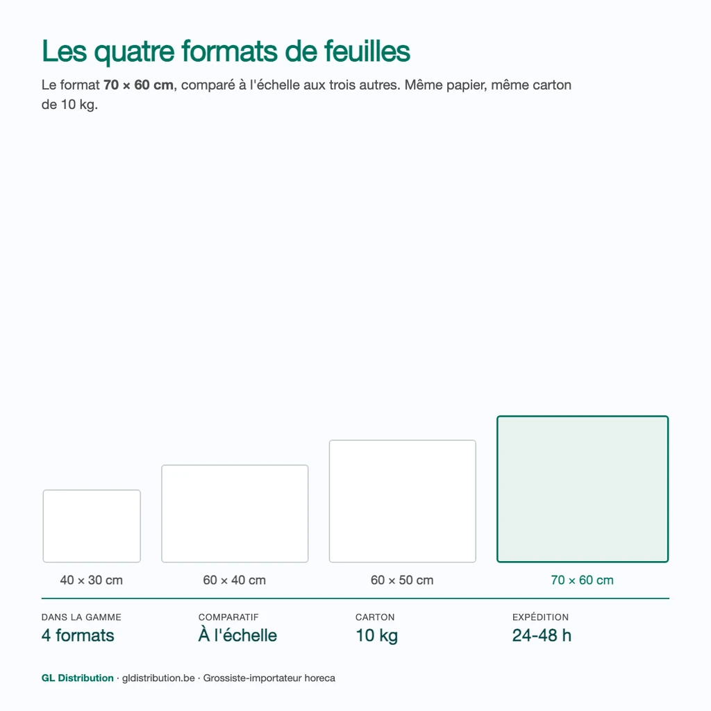 Feuille 60 × 70 cm comparée à l'échelle aux formats 40 × 30, 60 × 40 et 60 × 50 cm