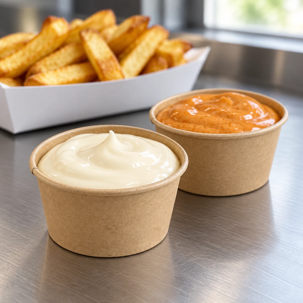 Deux pots kraft remplis de mayonnaise et de sauce andalouse devant une portion de frites