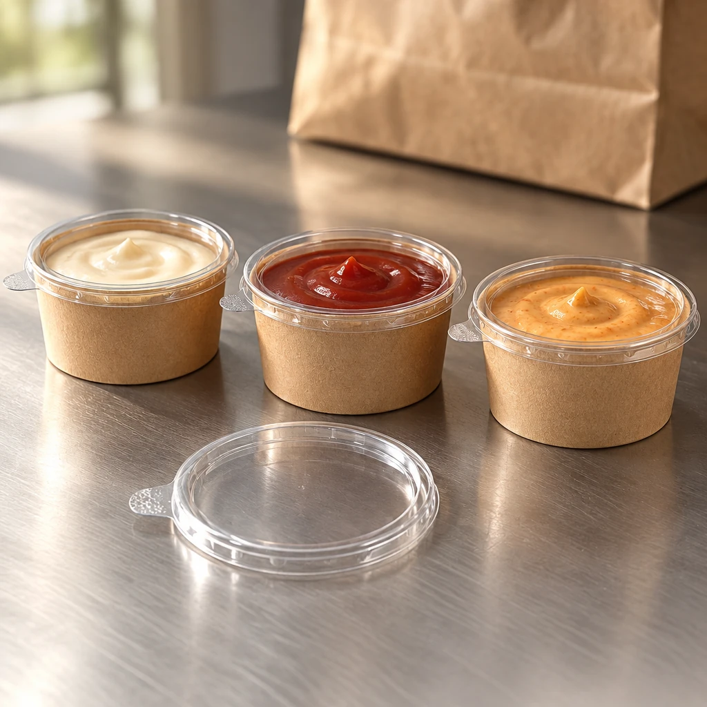 Trois pots kraft fermés, sauces visibles au travers du couvercle, et un couvercle seul